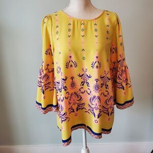Orange Carmel Women's Boho Bell Sleeve Round Neck Top Size Small